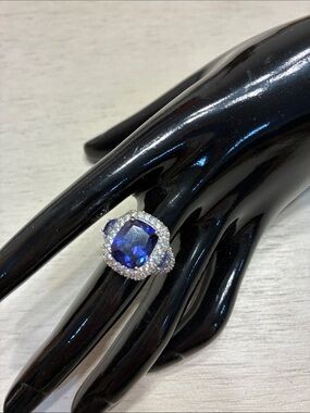 Classic Blue Sapphire Halo Ring - Women Jewelry size 7